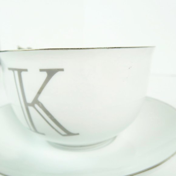 Bella Lux K Monogram Teacup, Saucer, & Spoon Holiday Collection White Silver - Picture 5 of 7